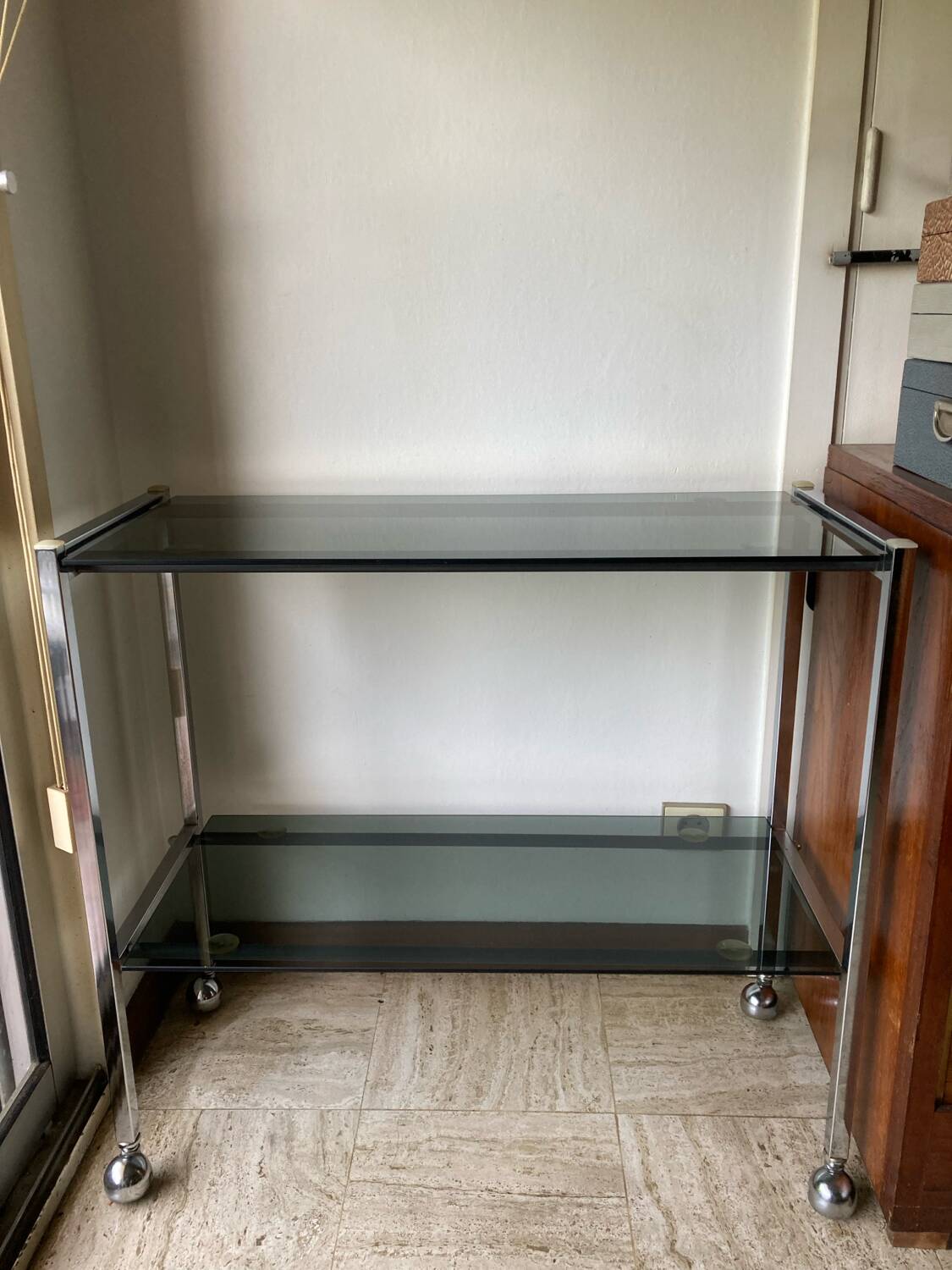 Vintage chrome dessert table, 2 smoked glass trays.