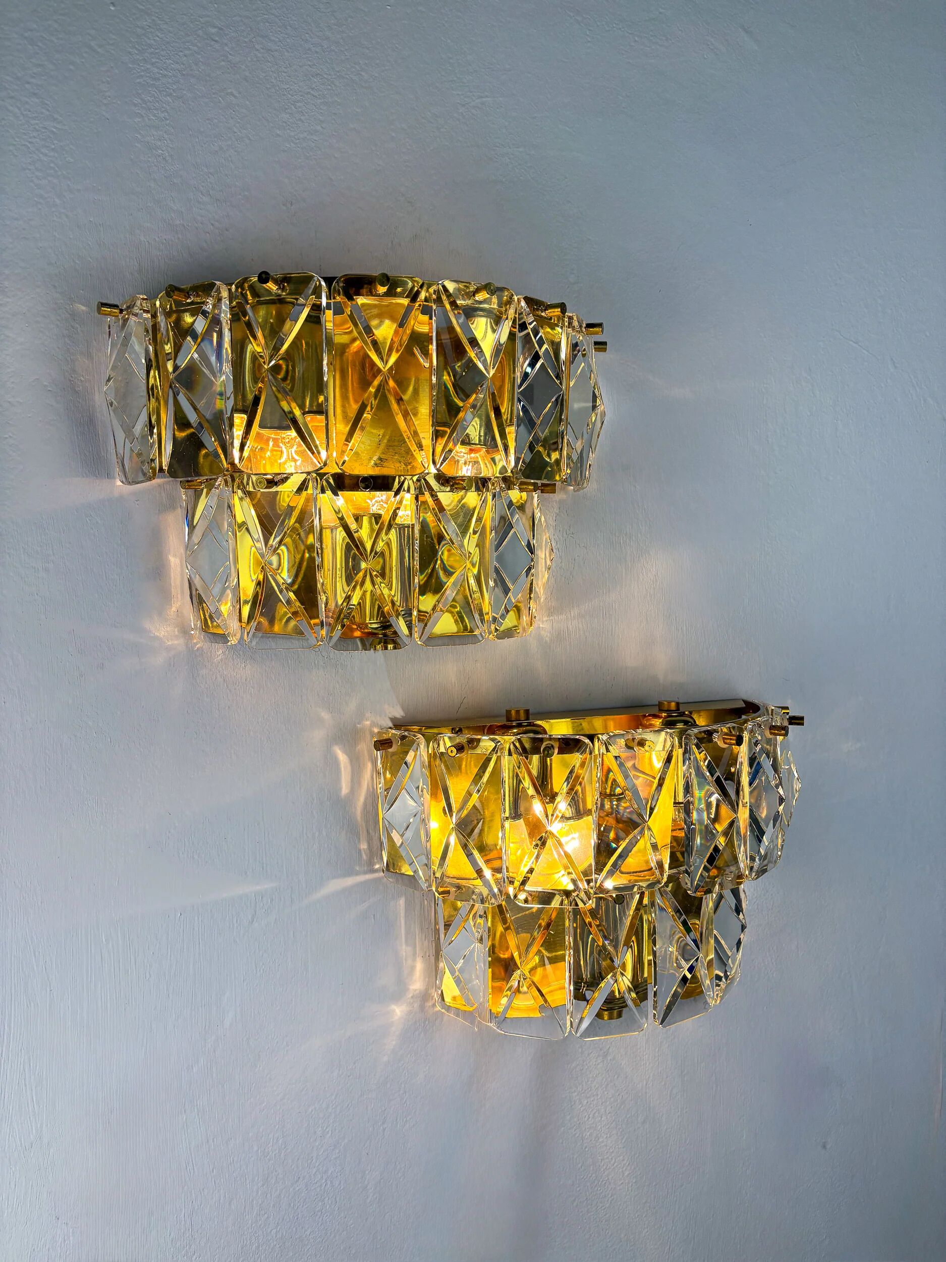 Pair of Kinkeldey 2-tier cut crystal wall sconces, gilt brass, Germany, 1970s
