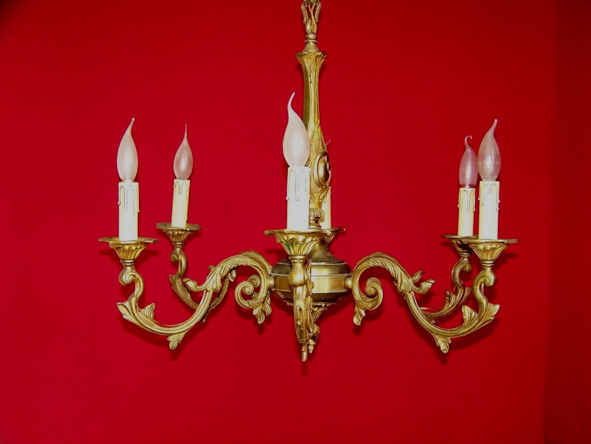 French art nouveau style quality bronze 6 light chandelier
