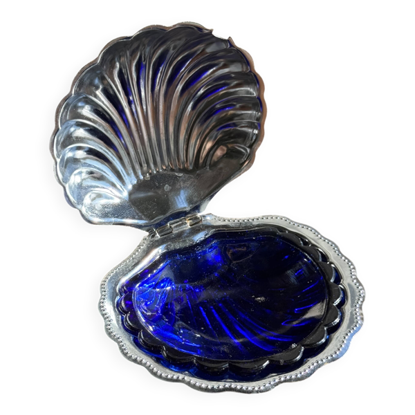 Beurrier coquille vintage en métal argenté coupelle bleue