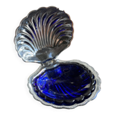 Beurrier coquille vintage en métal argenté coupelle bleue