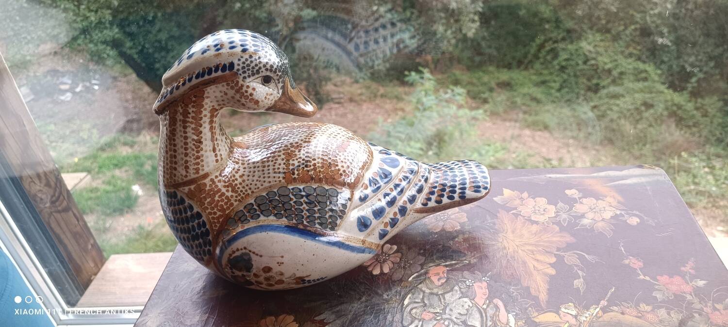 Ceramic signed duck in glazed stoneware, vintage 1960.