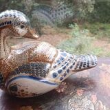 Ceramic signed duck in glazed stoneware, vintage 1960.
