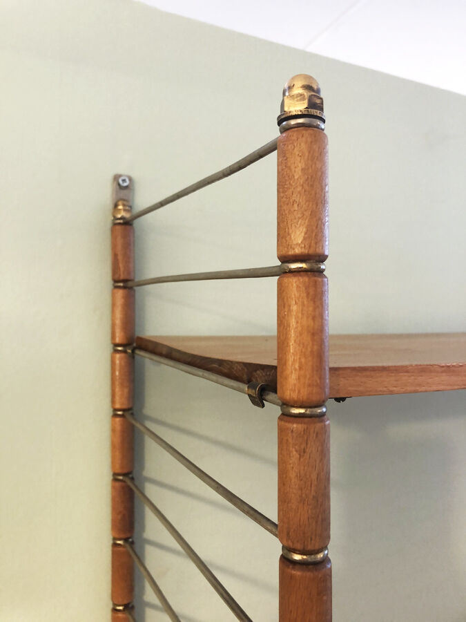 Vintage wall shelf, wood and brass, 1960