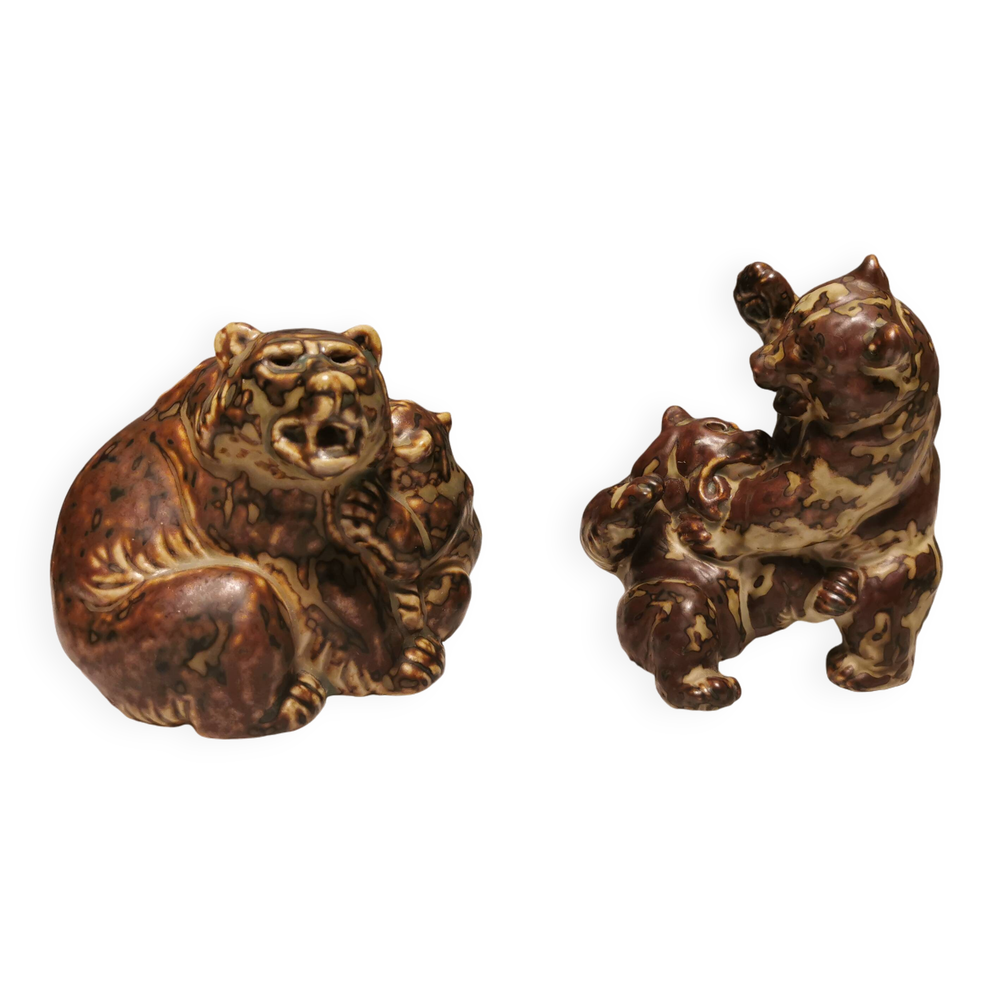 Two bear figurines from Danish Royal Copenhagen mid last century in sung glaze by Knud Kyhn (KK)