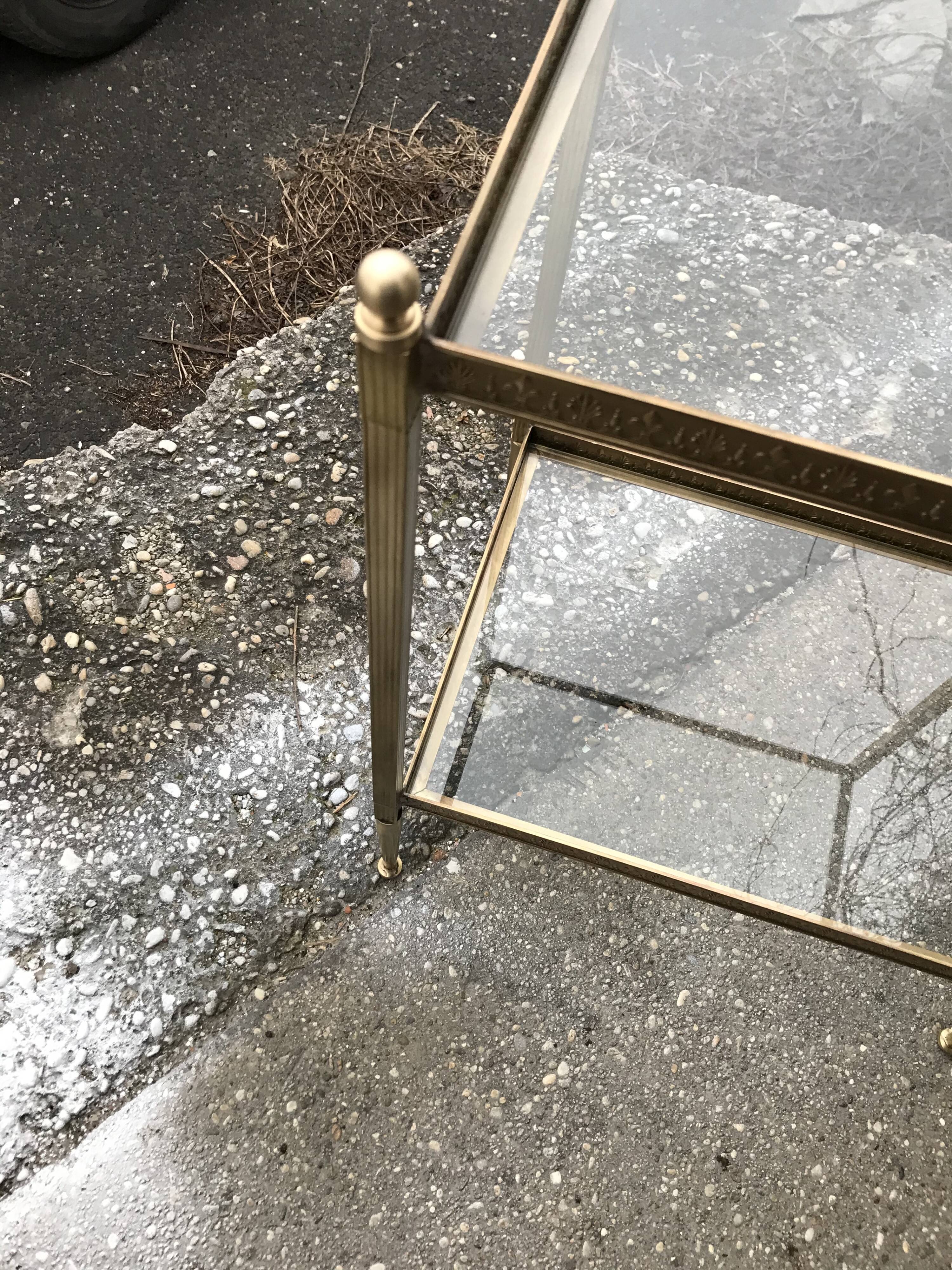 French  neoclassical brass side table with glass shelves 1950