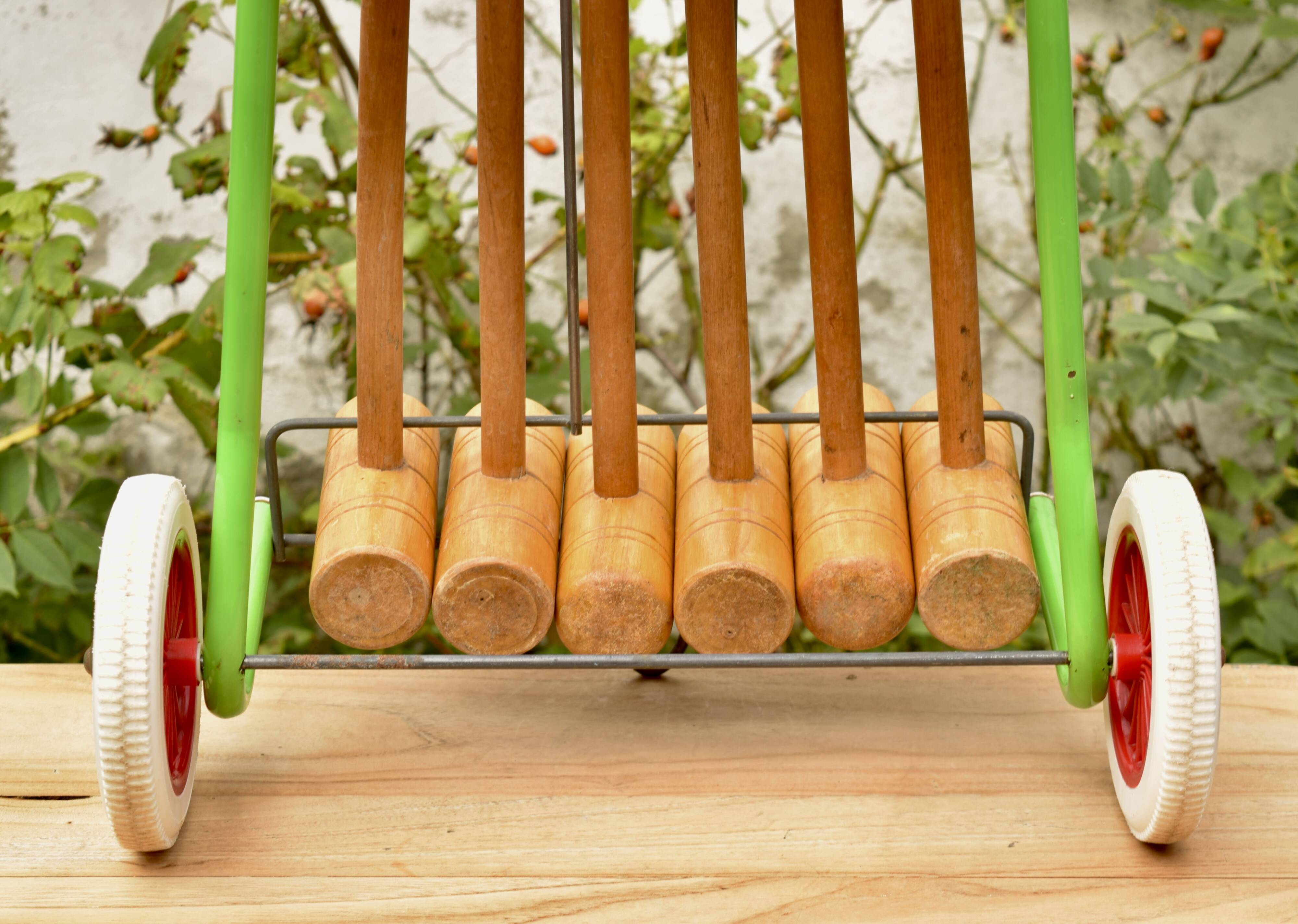 Old large wooden croquet game - metal cart - 1970