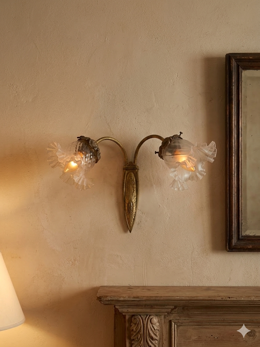 Double bronze wall light with glass tulips Art Deco