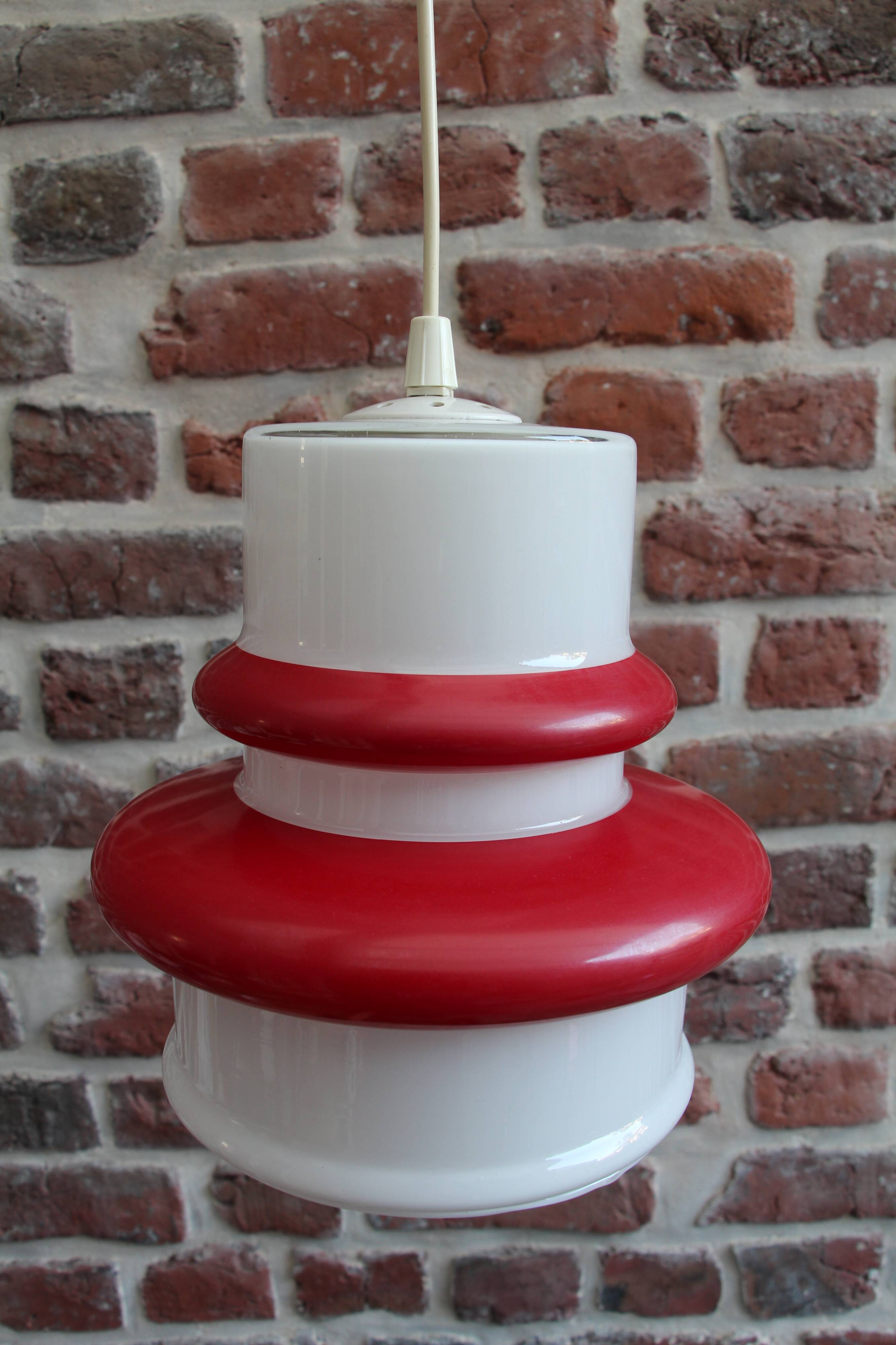 Vintage hanging lamp in red and white opaline