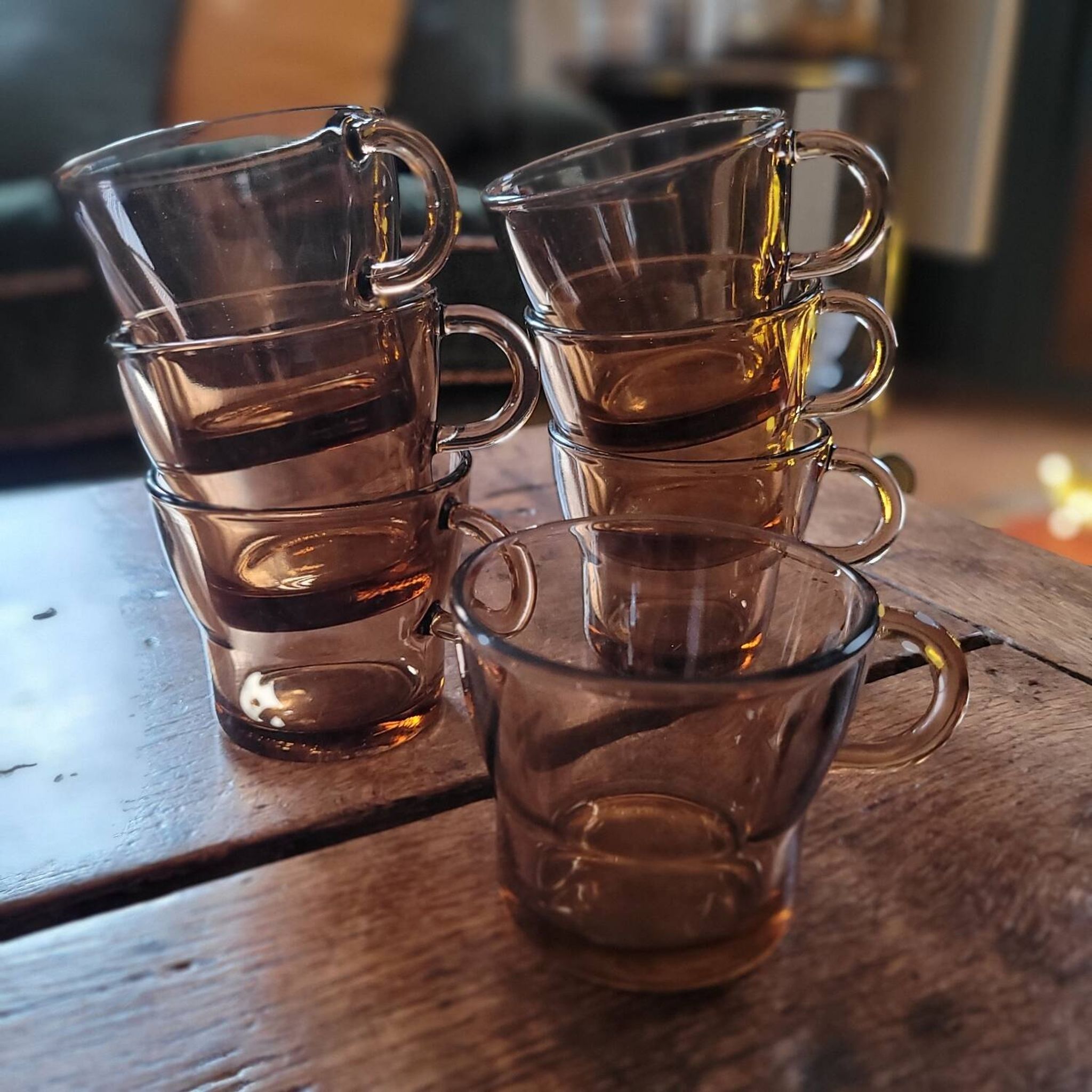 Set of 7 vintage smoked glass coffee cups - 1970s-80s