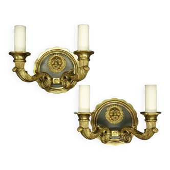 Pair of Empire / Restoration style lion head sconces - bronze