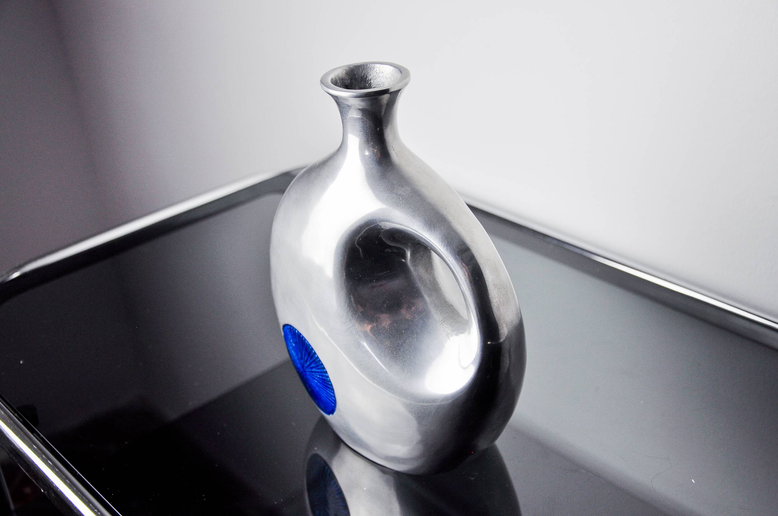 Biomorphic vase by Art3, aluminum and blue glazed ceramic, Spain, 1980