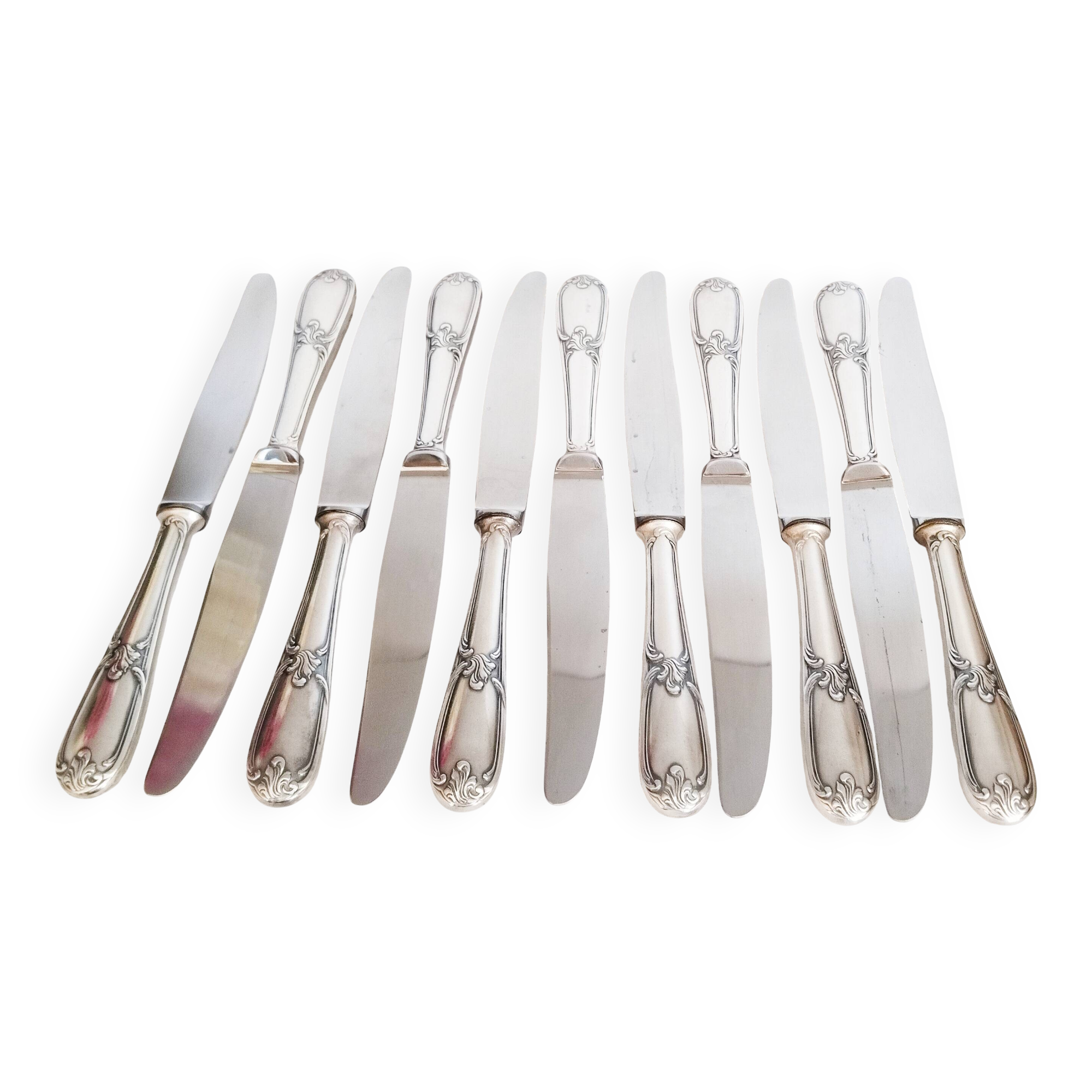Set of 12 vintage knives, stainless steel blade and silver handle