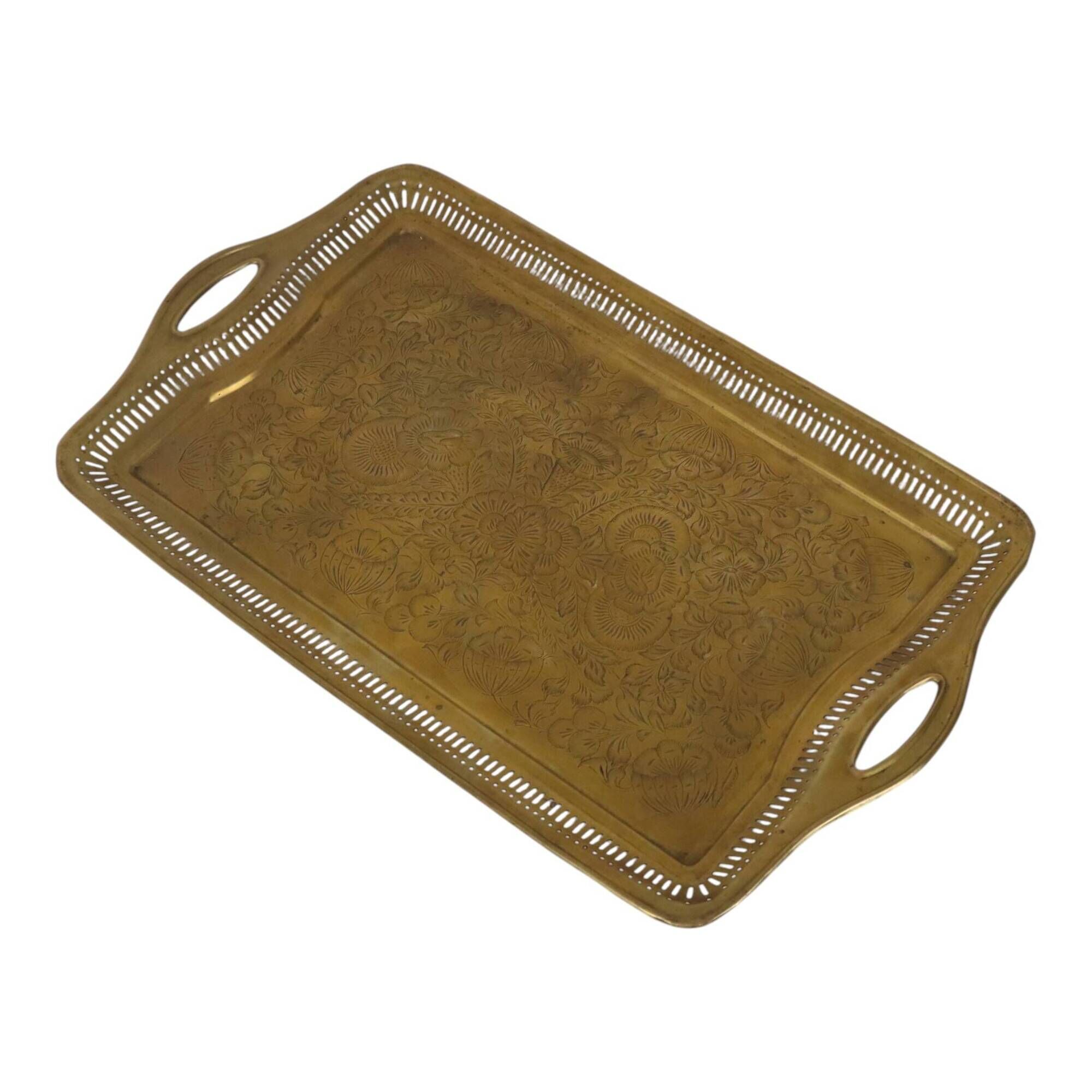Vintage Oriental Brass Tray with Floral Decoration, 50 cm