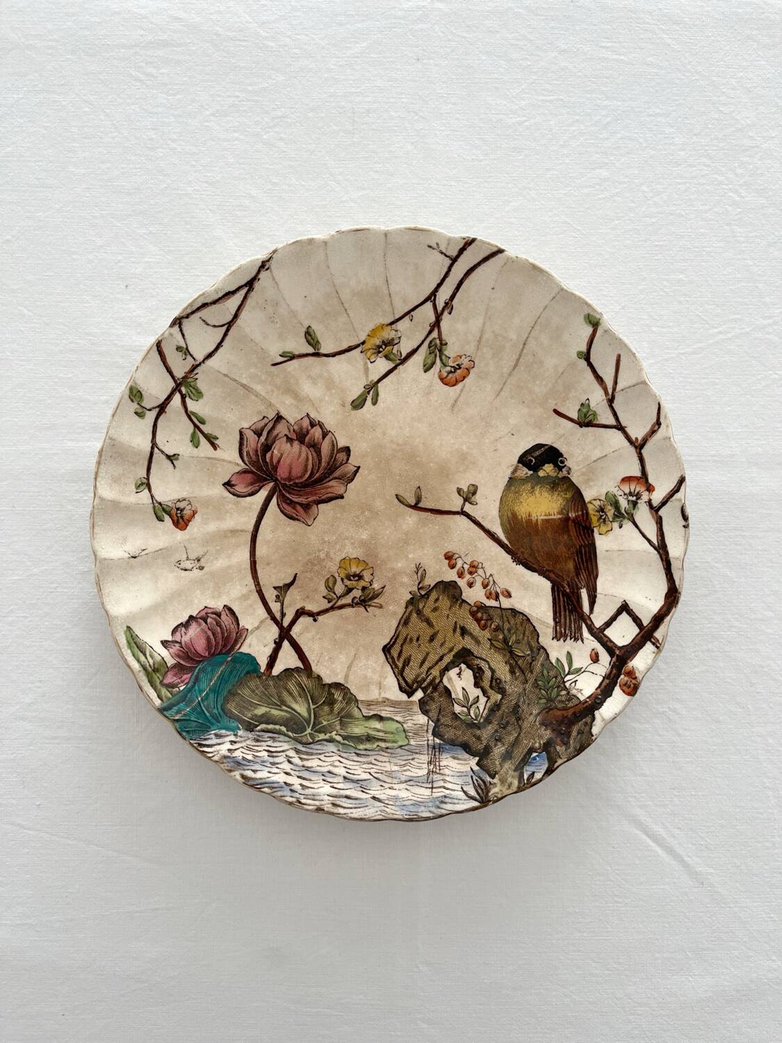 Antique polychrome ironstone plate with bird motif "Aquatic" SF&co