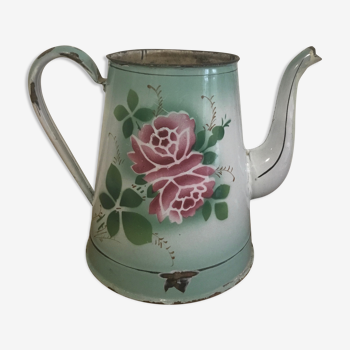 Cafetière émaillée couleur vert d’eau modèle fleuri sans couvercle