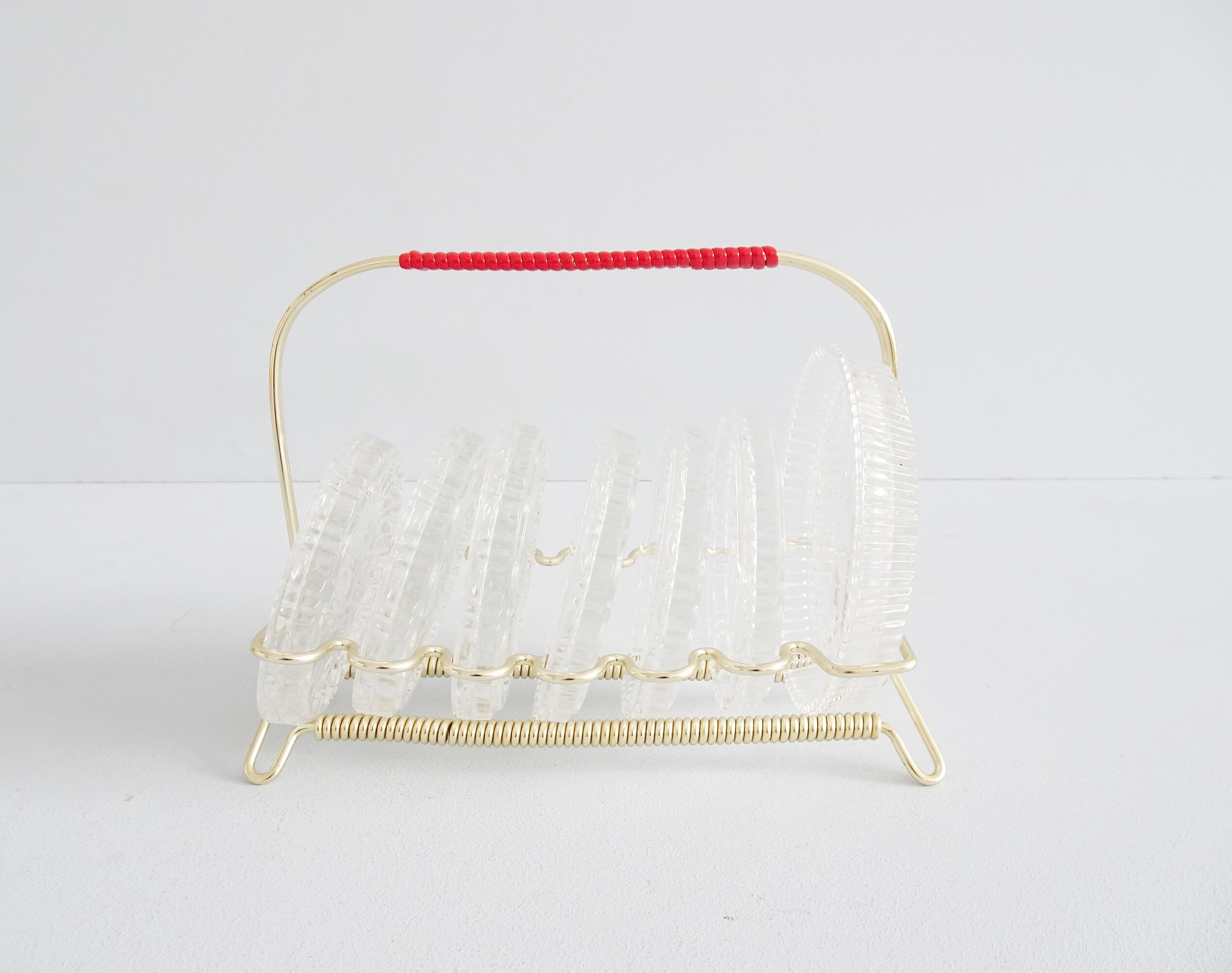 Glass coasters in stand, eight piece bar set, mid century bar accessories