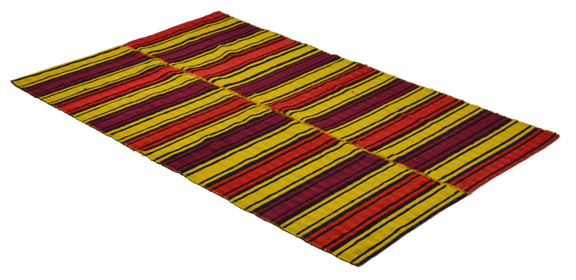 Turkish Vintage Kilim Striped Red and Yellow 208 x 132 cm