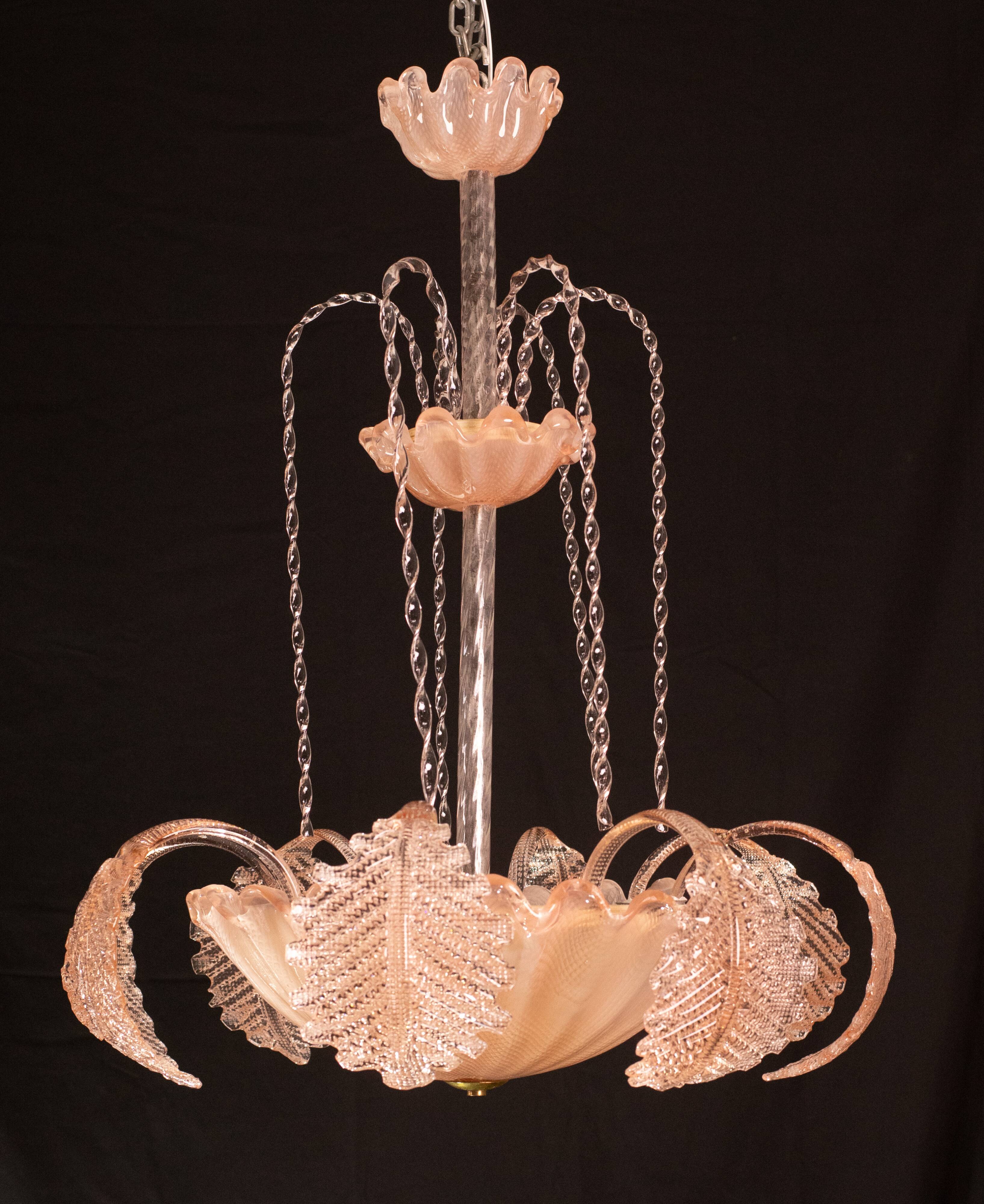 Pink Art Decò Barovier e Toso "Fountain" Pendant Light, Murano Glass, 1940s