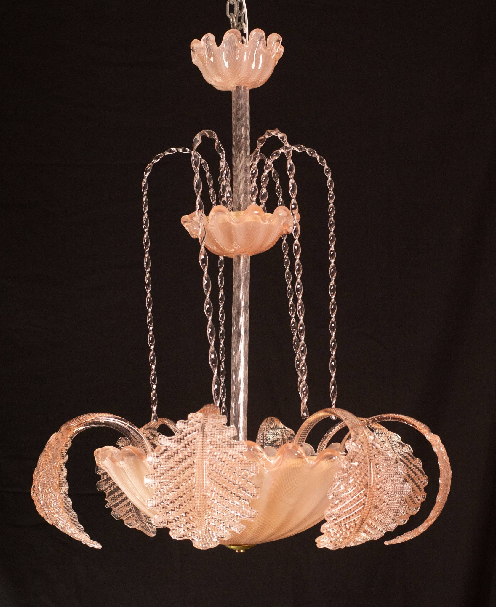 Pink Art Decò Barovier e Toso "Fountain" Pendant Light, Murano Glass, 1940s