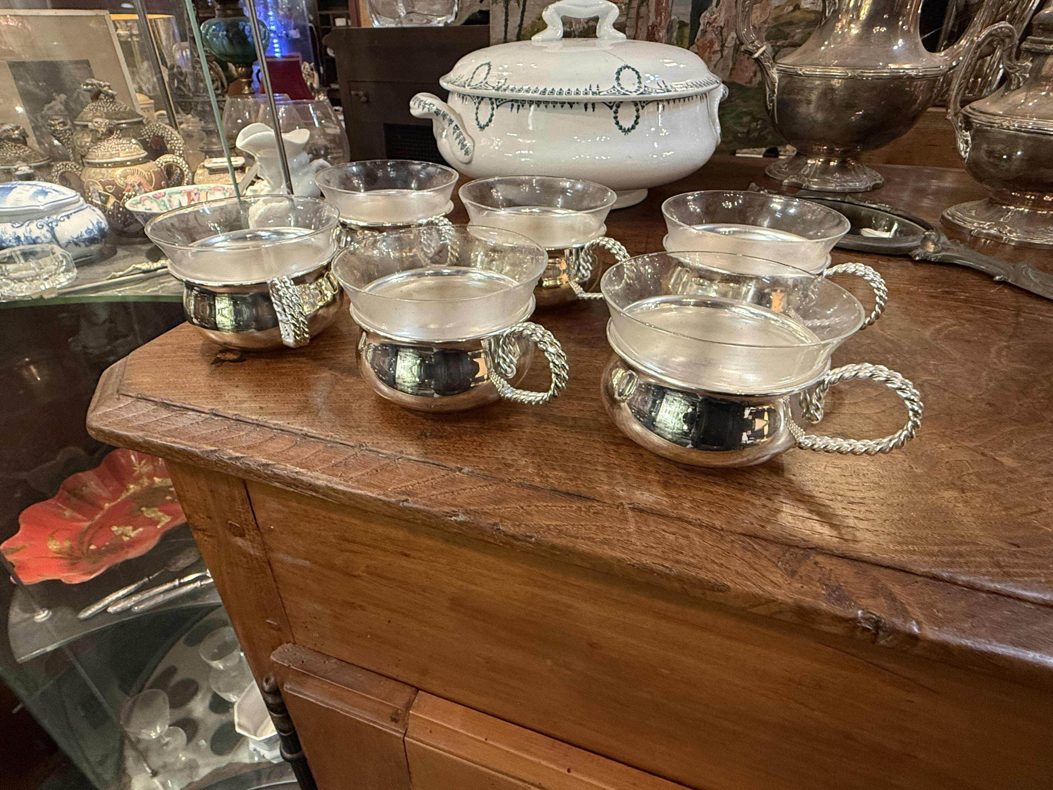 Set of 6 silver-plated metal and glass cups