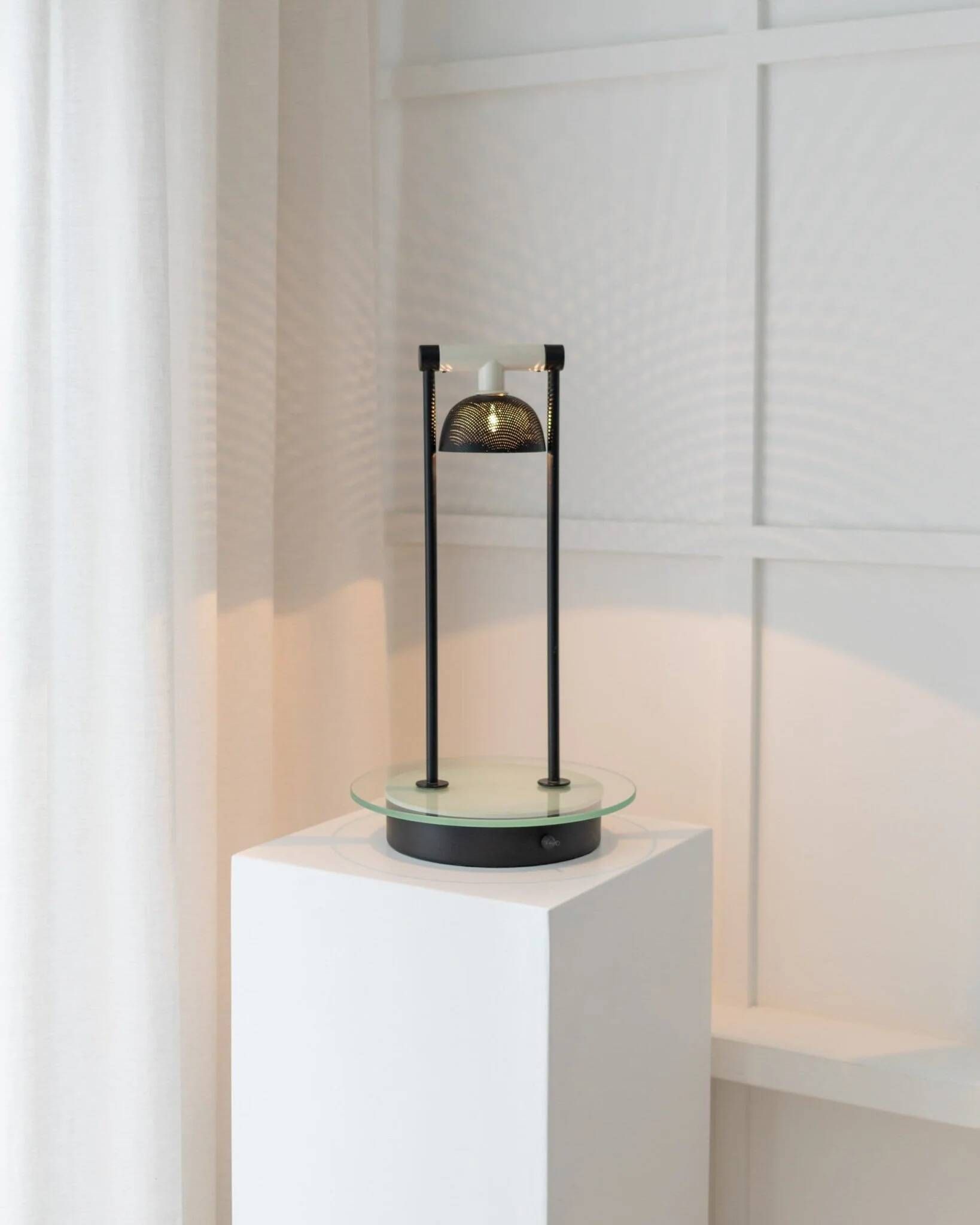 Vintage black metal table lamp with frosted glass disc, Italy, Postmodern Memphis 1980s