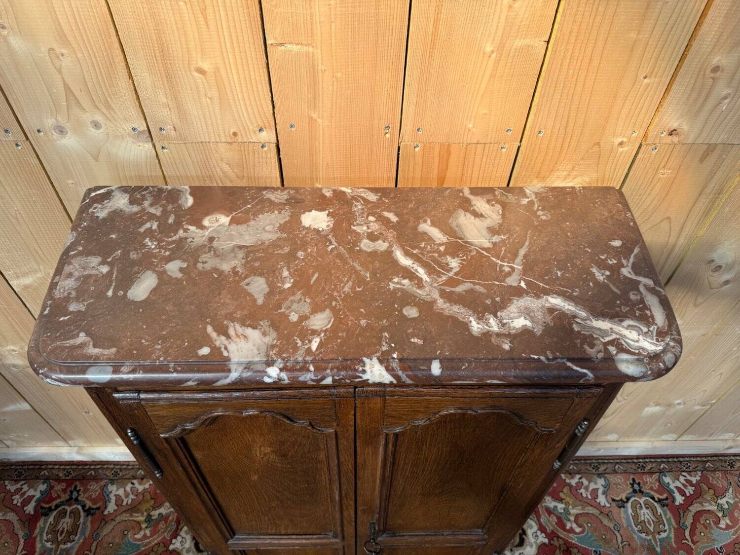 Baseboard cabinet – Louis XIV style – Solid oak and original marble