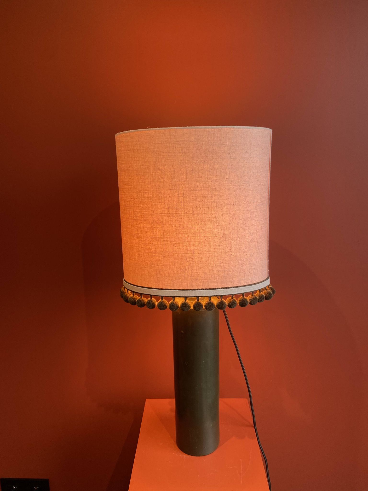 Copper "bouillotte" lamp with Ashoka Silk shade, pom-poms of c