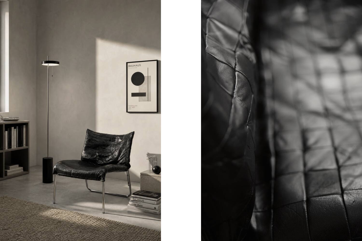 Chaises longues en cuir noir patchwork suédoises modernes du milieu du siècle d'IKEA
