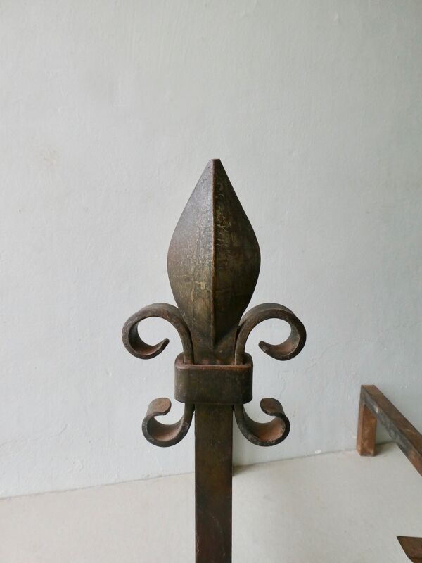 Paire de chenets en fonte et fer battu, fleurs de lys