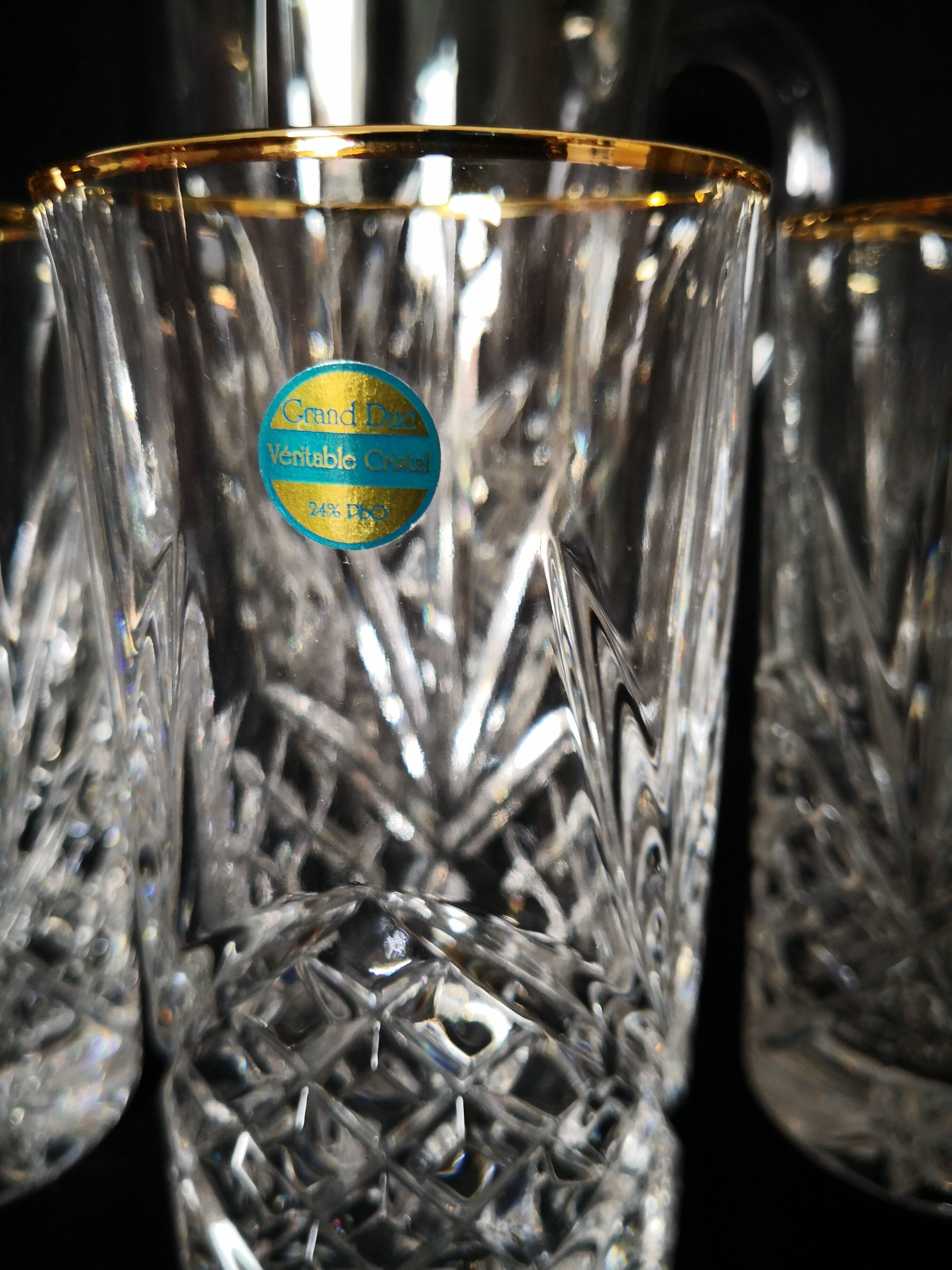lemonade service, pitchers and glasses, in Lorraine crystal, the Grand Dukes, gold border