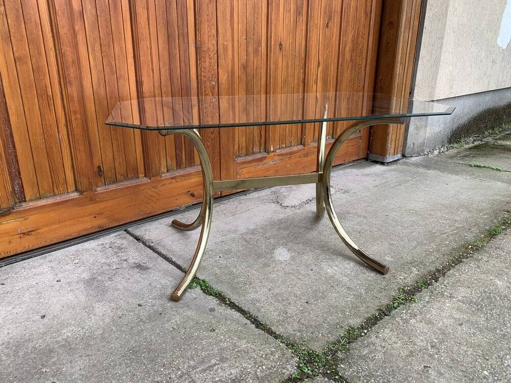 Brass and glass dining table, yellow finish, Hollywood Regency style (1970s)