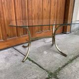 Brass and glass dining table, yellow finish, Hollywood Regency style (1970s)