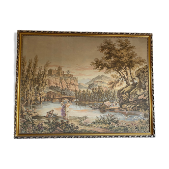 Tapestry wall hanging framed antique scene at the edge of the water