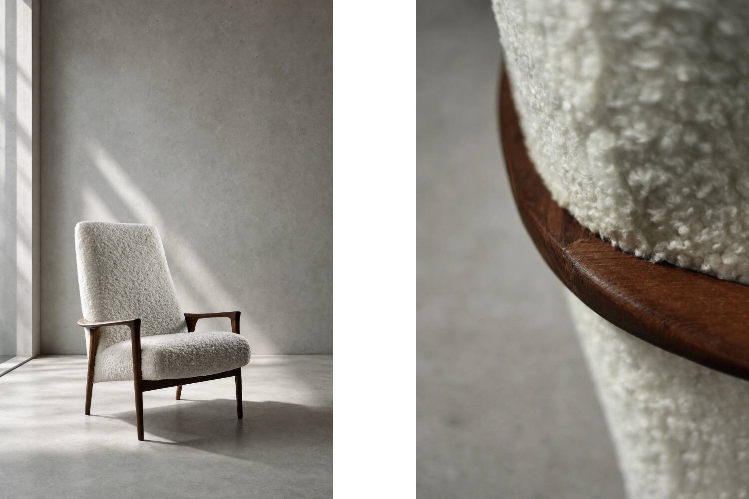 Vintage Mid-Century Scandinavian Modern White Boucle &Teak High Armchair