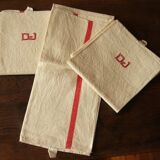 Lot 3 towels linen strips red monograms D J