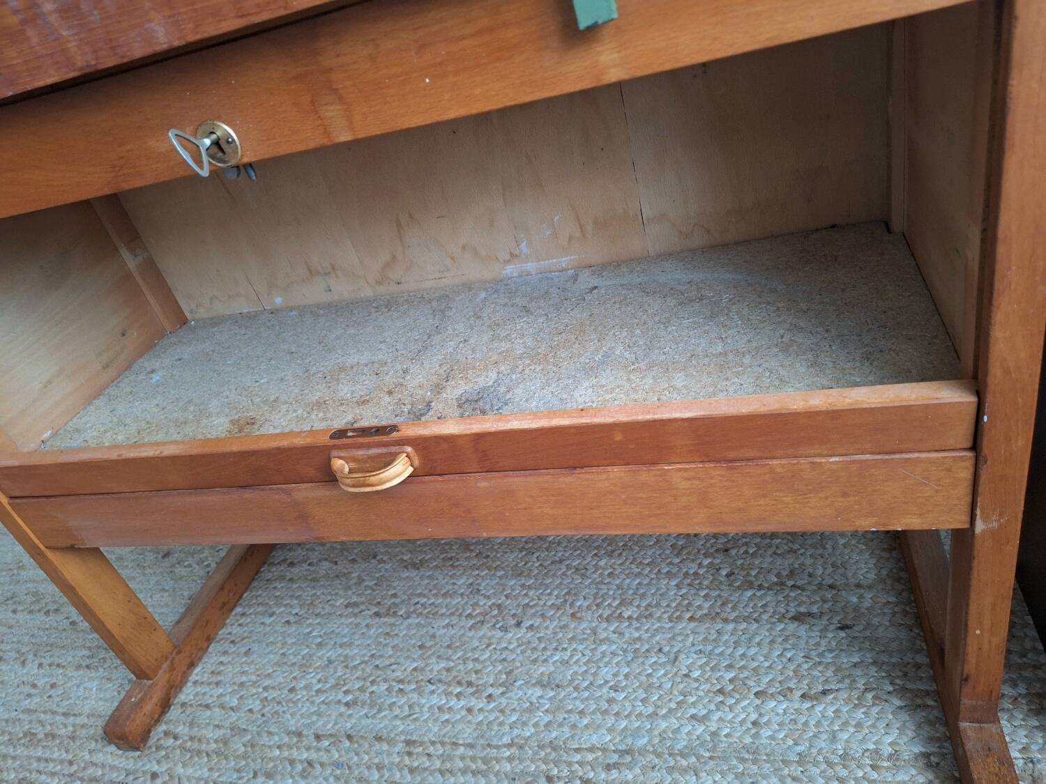 Vintage workbench with vices, antique workshop furniture.