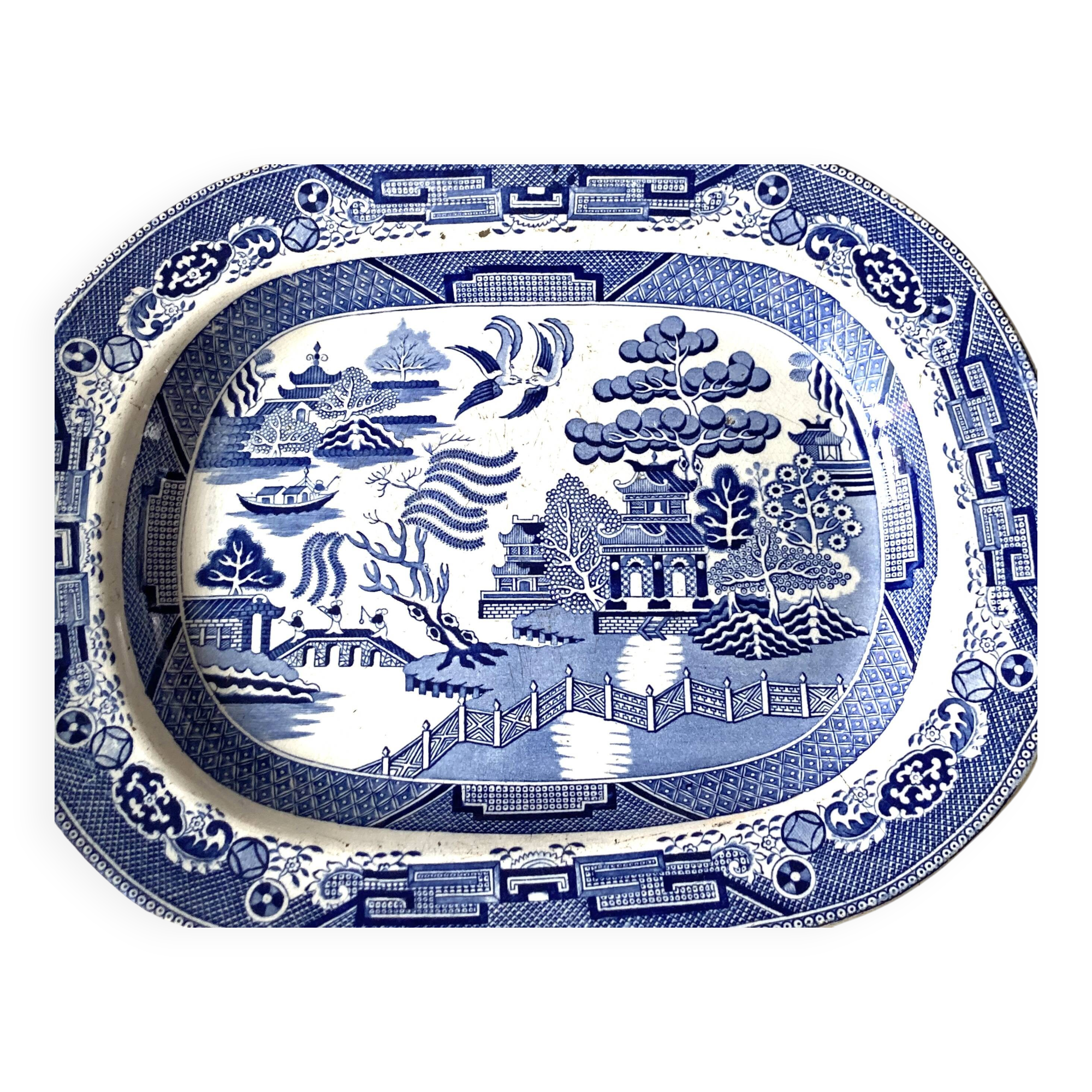 Large English Staffordshire Earthenware Dish in Blue and White Willow, Late 19th Century