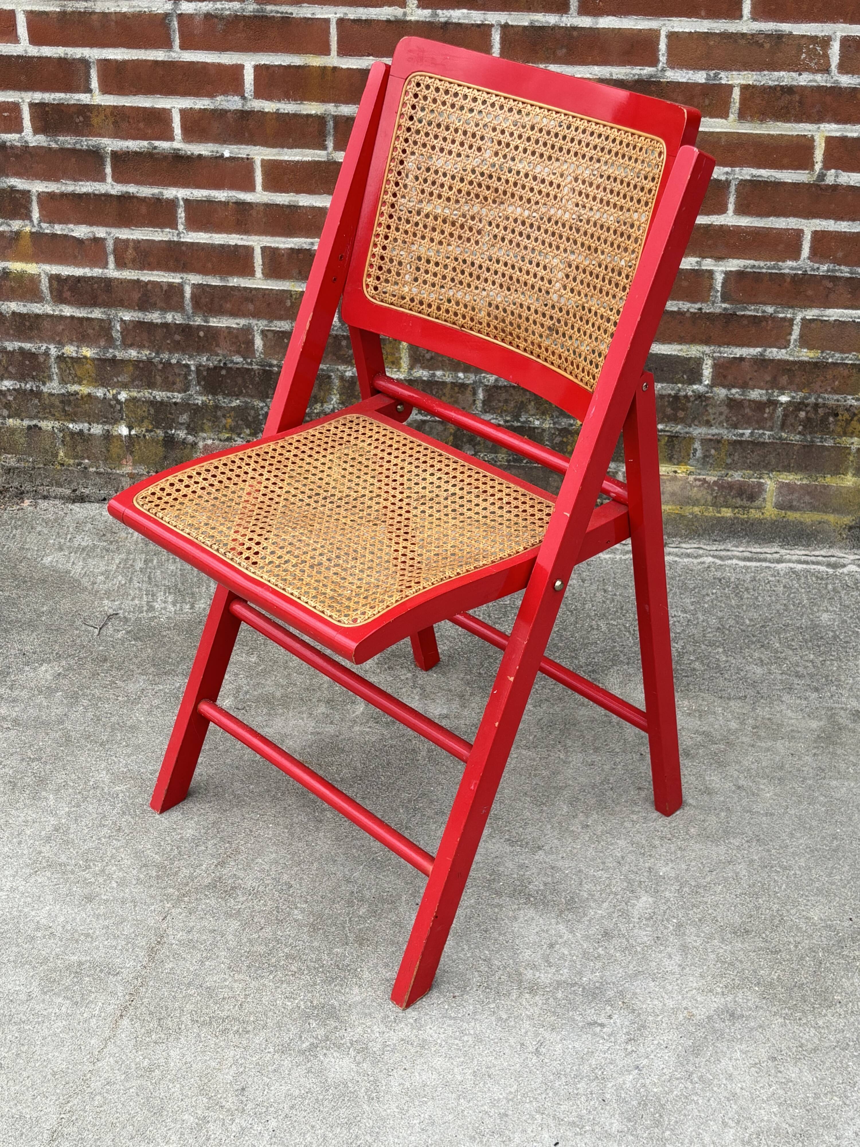 Vintage  Mid-Century Woven Cane Folding Chair  1960s in red cesca style