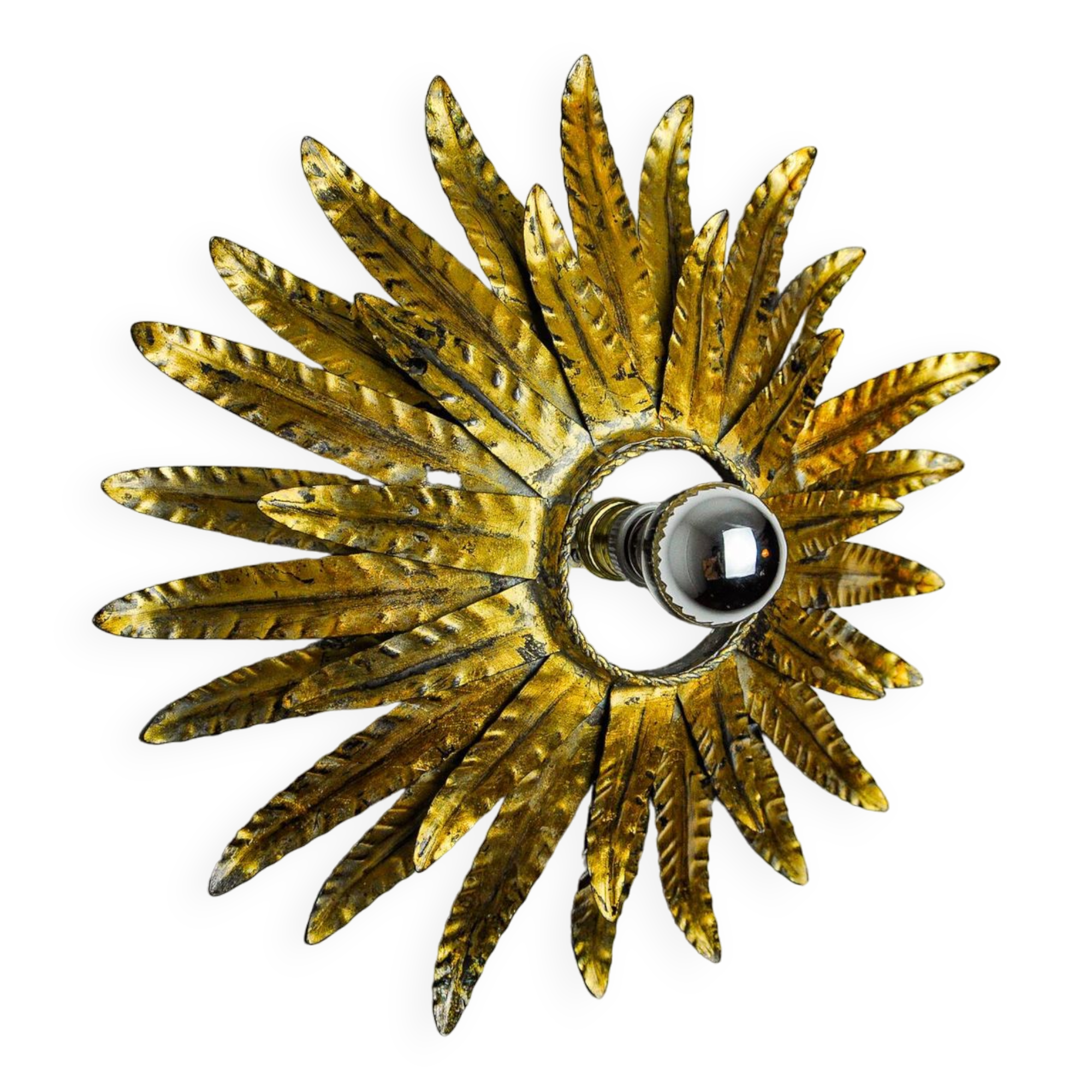 Sun wall lamp by Ferro Arte, metal and gold leaf, Spain 1970