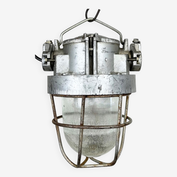 Industrial soviet cast aluminium bunker pendant light with iron grid, 1960s