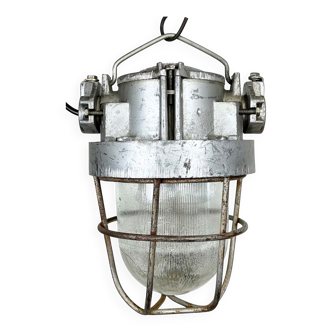 Industrial soviet cast aluminium bunker pendant light with iron grid, 1960s
