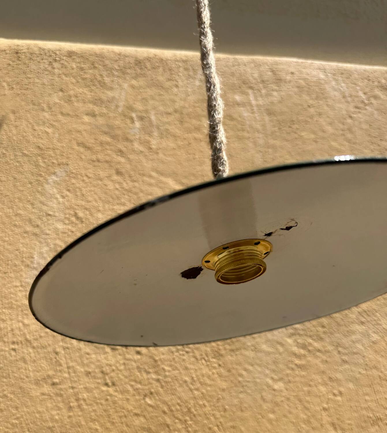 Vintage pendant light with green and white enamelled sheet metal shade