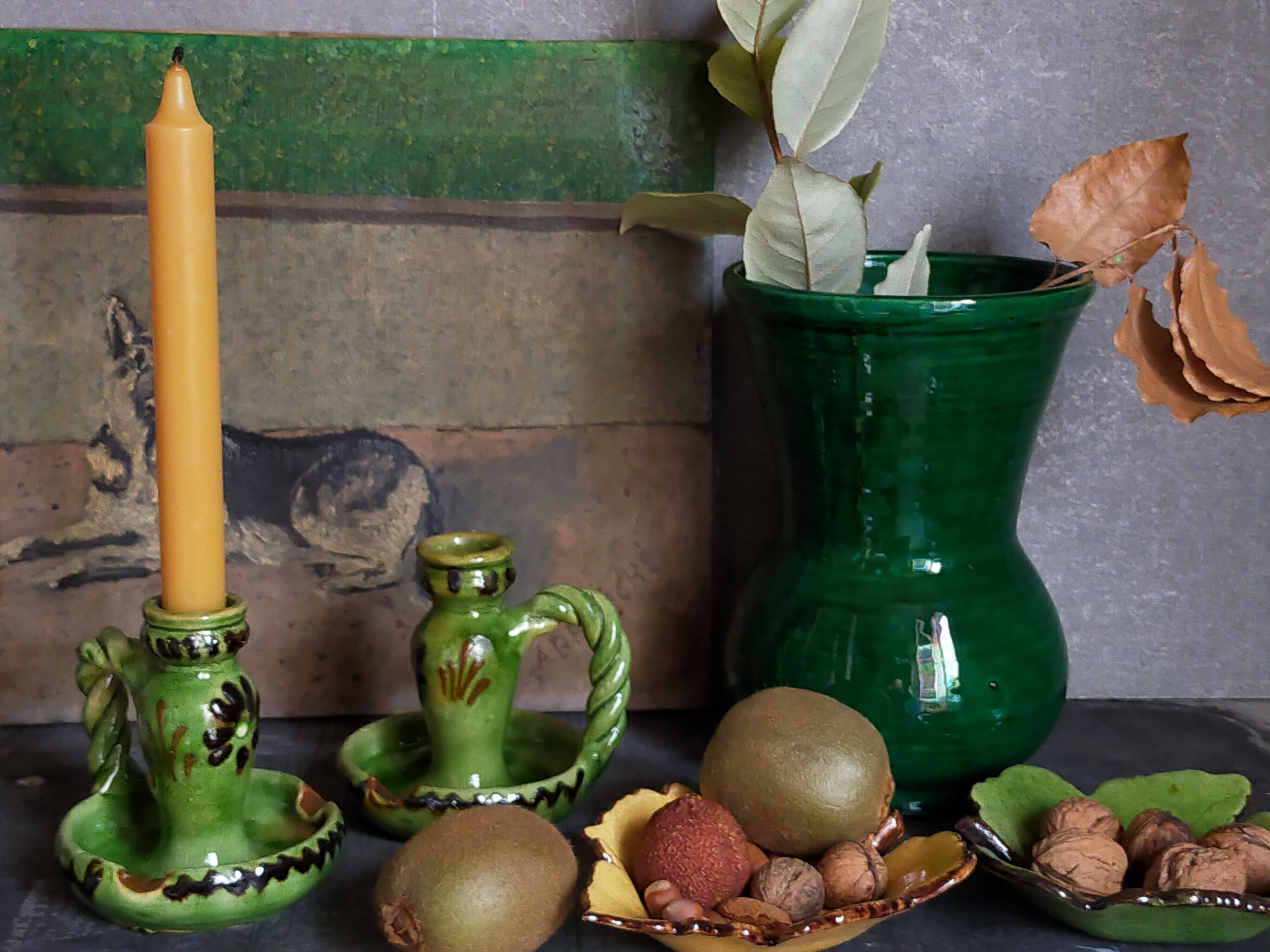 Duo of vintage potter's ceramic candle holders Regional Folk Art