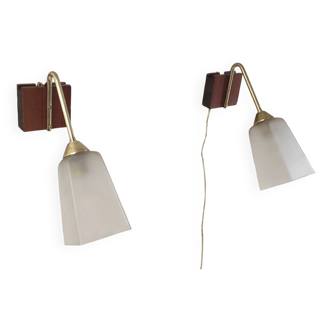 Vintage wall lights in wood, brass and glass - mid. 20th century