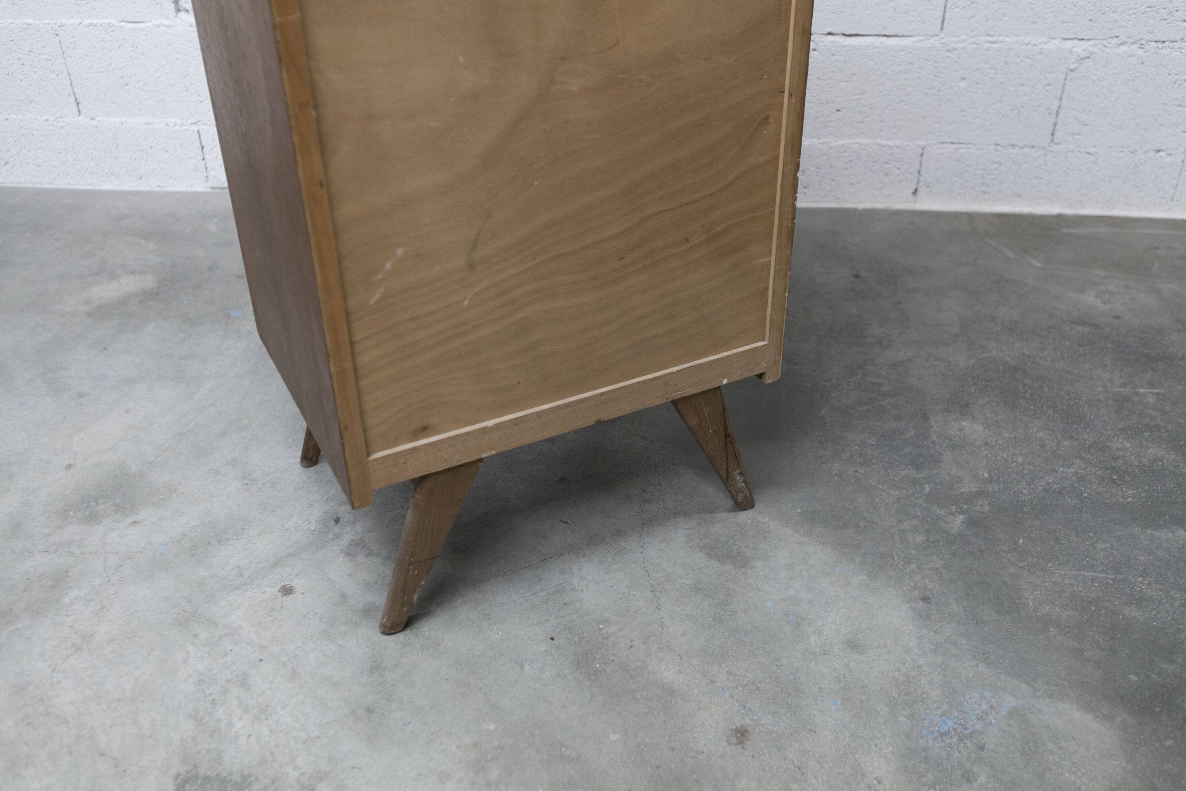 Chiffonnier pieds compas chêne et rotin années 50-60