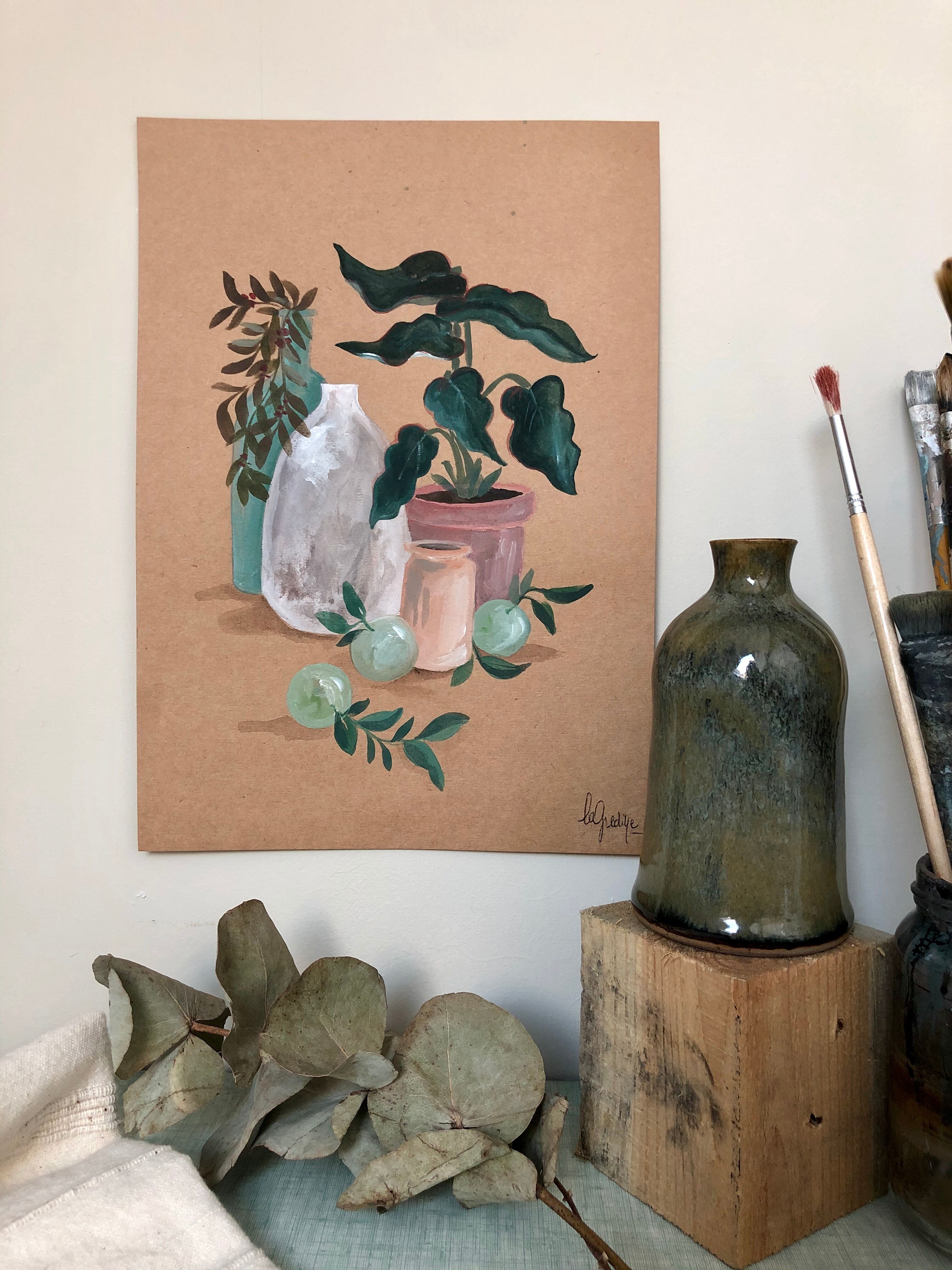 Painting A4 Pottery and green plants
