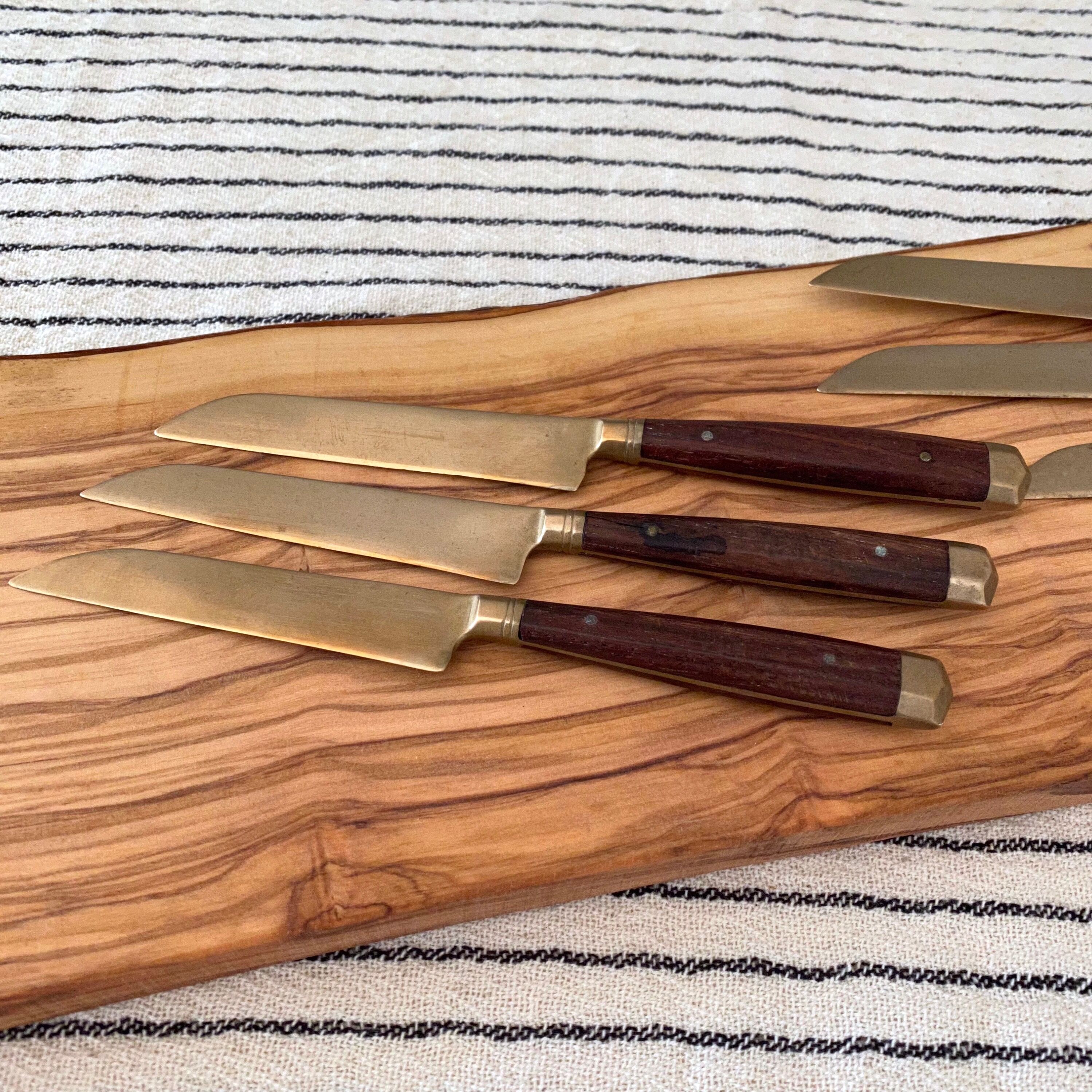 8 Vintage Knives, Antique Fruit Knives, Wooden Knife Set, Brass, Mid Century Cutlery.