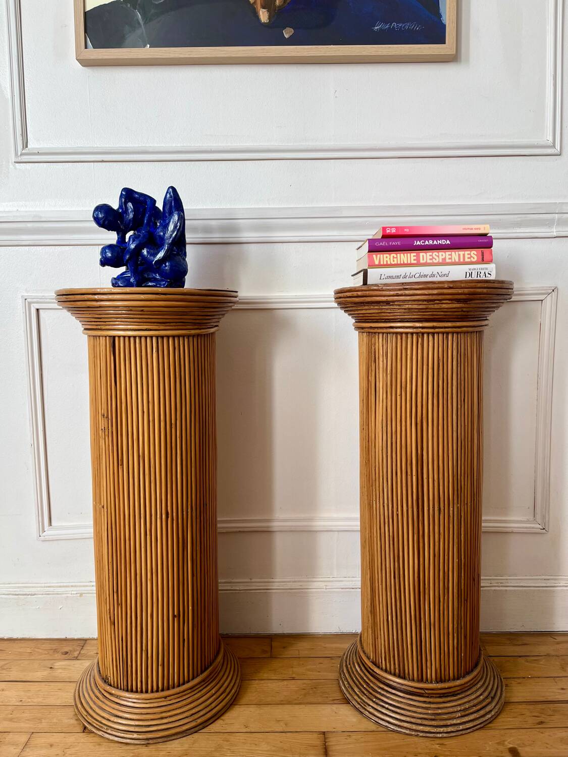 Pair of vintage rattan veneer columns