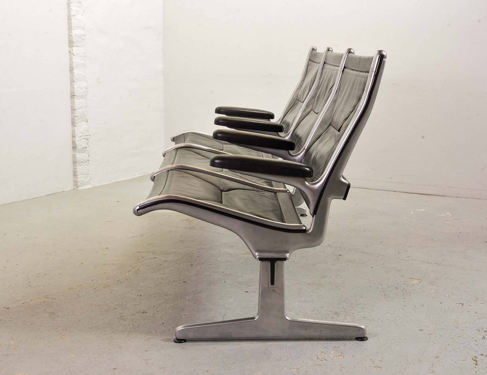 Charles Eames Black Leather 3-Seat Tandem Sling Airport Bench Herman Miller